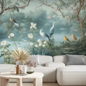 Serene Bird Paradise Wall Mural Blue Tropical Bird Wallpaper for Living Room Bedroom Decor