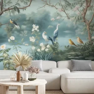 Serene Bird Paradise Wall Mural Elegant Blue Tropical Bird Wallpaper for Living Room Bedroom Decor