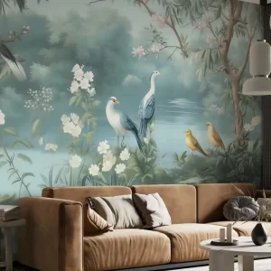 Serene Bird Paradise Wall Mural Elegant Blue Tropical Bird Wallpaper for Living Room Bedroom Decor