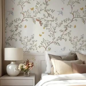 Serene Pastel Woodland Nursery Wallpaper Mural Soft Blue Botanical Forest with Birds and Crane Wall Decor for Kids Bedroom Decor