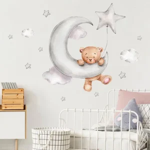 Sleeping Bear With Moon Stars Wall sticker Eco Friendly PVC Removeable Wallpaper For Bedroom Kid’s Room Wall Decals