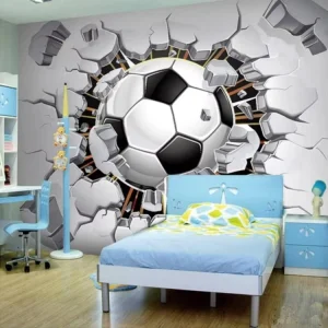 Soccer Ball Break Through Wall PVC Wallpaper Home Decoration Mural Customizable Sport Print Wall Decor for Modern Game Room