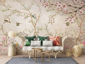 Soft Beige Blossom Tree Wallpaper Mural Custom Size Bird and Floral Print Wall Paper for Calming Bedroom Living Room
