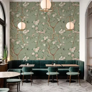 Soft Green Blossom Bird Wallpaper Mural Peel and Stick Self Adhesive Wallpaper Bedrooms Reading Nooks Gentle Calming Ambiance