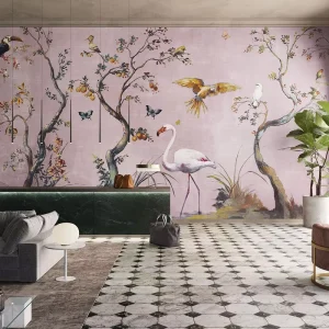Soft Pink Botanical Wallpaper Vintage Exotic Flamingo Bird Fruit Tree Floral Design