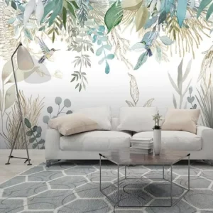 Soft Tone Botanical Frame Paper Non Woven Mural Custom Size Watercolor Foliage Bird Wallpaper Eco Friendly Elegant Home