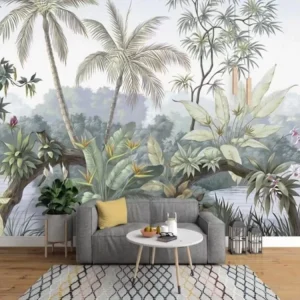 Soft Vintage Tropical Jungle Non Woven Waterproof Eco Friendly Wallpaper Mural Custom Size Botanical River Print Living Room