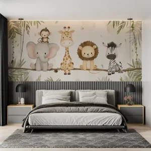 Soft Watercolor Jungle Animals Mural Whimsical Animal Characters Wall Art for Cozy Nursery Kids Room Peel and Stick Wallpaper