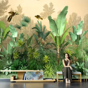 Southeast Asianstyle Tropical Silk Botanical Waterproof Anti Static Wall Sticker Plant Wallpaper Banana Leaf Commercial Hotel