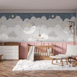 Stars Moon White Clouds Kid’s Wall Arts Water Based Ink Papier Peint Mural for Baby Boy Girl Wallpaper for Bedroom