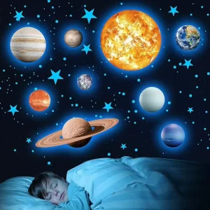 Stars and Planets Wallpaper Flowers Glow in the Dark Solar System Ceiling Stickers Children’s Room Space Wallpaper