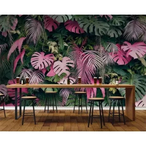 Stylish Modern Waterproof Tropical Plant Wallpaper Pink Green Monstera Leaf Mural for Home Bar Dining Living Room Interior Wall