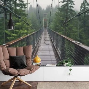 Suspension Bridge Misty Forest 3d Mural Peel & Stick Wallpapers Interior Wall Decoration Decals