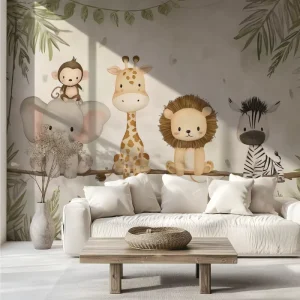 Sweet Safari Animal Friends Wallpaper Mural Watercolor Jungle Themed Decor Nursery Bedroom Playroom Home Decor Kids Wall Paper