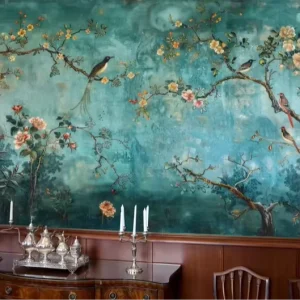 Teal Blossom Bird Mural Antique Chinoiserie Style Wallpaper for Classic Home Hotel Living Room Interior Decoration Self Adhesive