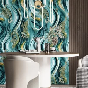 Teal Gold Swirl Marble and Grey Ink Gold Leaf Wave PVC 0.53*9.2 m Wallpaper for Home Hotel Office School