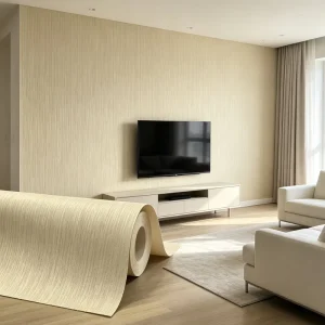 Textured Linen Look Vinyl Wallcovering Fireproof Fabric Backed Wallpaper for Hotel Residential Decoration