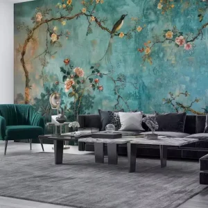 Time Worn Floral and Bird Wallpaper Mural Distressed Teal Background with Exotic Birds Blossom for Dining Room Living Room Decor