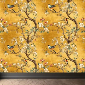 Timeless Golden Blossom & Bird Wallpaper Mural Chinoiserie Inspired Elegant Wall Art for Home Interiors Papiers Peints Murals