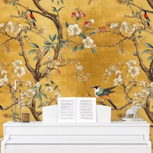 Traditional Chinese Style Golden Floral Wallpaper Mural Exotic Bird Blossom Print Wall Art Dining Room Bedroom Living Room Decor