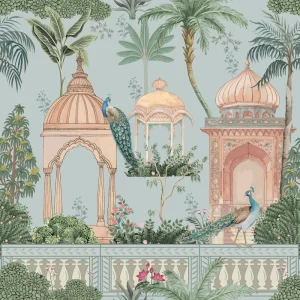 Traditional Mughal Garden with Temple Arch Palace Wall Mural Peacock Tree Seamless Pattern Wallpaper