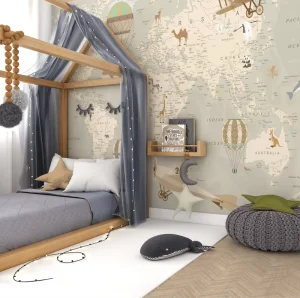 Travel Themed Kids Murals Interactive World Map Wallpaper for Bedroom Wall Painting