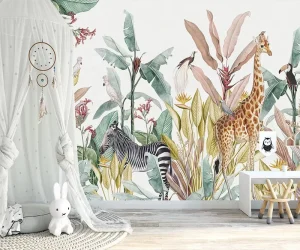 Tropical Banana Leaves and Safari Animals Giraffe Wallpaper Mural for Kids Bedroom Background Wall Paper Textile Wall Covering