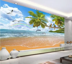 Tropical Beach Wallpaper Home Decoration Dolphin & Parrot Ocean Mural Seaside Living Room Wall Decor