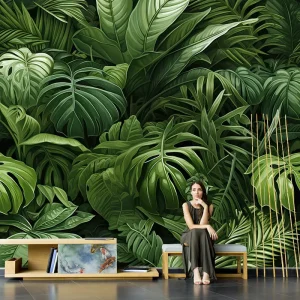 Tropical Botanical Rainforest Green Plant Background Anti static Self adhesive Waterproof Matte Silk Ribbon Wallpaper 3D