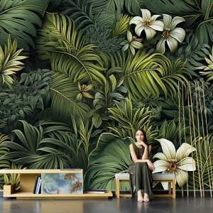 Tropical Botanical Rainforest Green Plant Background Waterproof Matte Silk Ribbon Wallpaper 3D Southeast Asia Pastoral Household