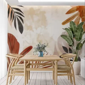 Tropical Foliage PVC Mural Customizable Terracotta and Beige Leaf Print Wallpaper Modern Boho Home Interiors Easy Install