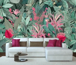 Tropical Jungle Parrot Floral Art Mural for Home Decoration Vintage Style Green Pink Botanical PVC Wallpaper
