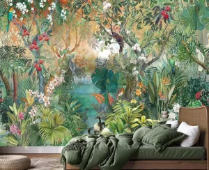 Tropical Jungle Wallpaper Exotic Rainforest Palm Leaf Colorful Bird Floral Wallpaper for Villa Hotel Interior Home Decoration