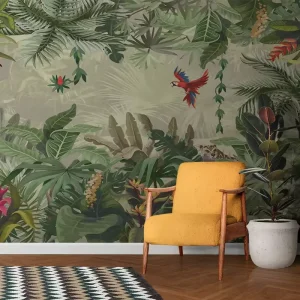 Tropical Jungle Wildlife Wallpaper Mural Vibrant Fauna Pattern for Home Hotel Living Room Cafe Interior Wall Decoration