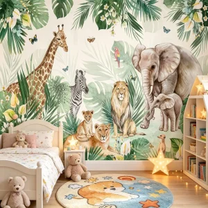 Tropical Plant Animal Modern Wallpaper for Children’s Room Living Room Safe Non toxic Durable Wall Covering with 5 Year Warranty