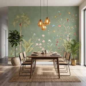 Tropical Wallpaper Chinoiserie Blossom Palm Bird Tree Butterfly Removable Wallpaper for Dining Villa Holiday Home Interior Decor