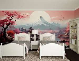Vibrant Fuji Red Maple Wall Mural Easy to Install Ideal for Home Hotel Japanese Style Interior Decoration