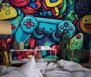Vibrant Game Controller PVC Wallpaper Mural Customizable Graffiti Print Wall Decor Modern Teen Bedroom Papier Peint Mural