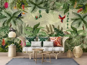 Vibrant Tropical Rainforest Animal & Plant Wallpaper Mural Bird and Lush Greenery Design for Living Room Hotel Cafe Wall Decor