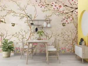 Vintage Blossom Tree Mural Customizable Soft Beige Botanical Wall Decor for Bedroom Living Room Self Adhesive Wallpaper