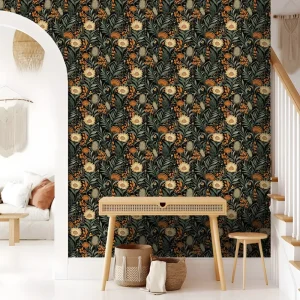 Vintage Chinese Style Bohemian Wallpaper Dark Large Floral Peel & Stick Wall Sticker for Quick Home Upgrade