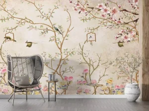 Vintage Chinoiserie Blossom and Bird Wallpaper Mural Custom Size Soft Beige Botanical Wall Decor for Living Room Peel and Stick