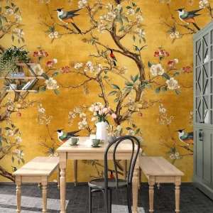 Vintage Chinoiserie Golden Floral Bird Wallpaper Mural Modern Chinese Botanical Eco Friendly Waterproof Wall Bedroom Basement