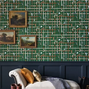 Vintage Equestrian Forest Green Wallpaper Custom Print Antique Cane Pattern WallCovering for LivingRoom Study Bedroom Home Decor