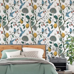 Vintage Floral Wallpaper Honeysuckle Victorian Tulip Garden Peel & Stick Wall Panel Prussian Blue Teal & Moss Green