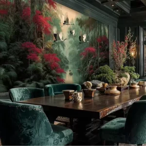 Vintage Gothic Dark Forest Mural Custom Size Red Maple and Crane Scenery Wallpaper Wall Home Interior B1Fire Resistant