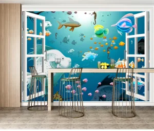 Vivid Ocean Animal Self-Adhesive Mural for Kids Room Decor 3D Underwater World Cartoon Fish Wallpaper 3D Home Decoration