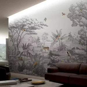 Wall Decoration Grey Vintage Chinoiserie Garden Animal Wallpaper Mural for Lounge & Dining Room Scratch Resistant Fade Resistant