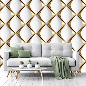 Wall Mural Made of White Background With Golden Decorative Elements Peel and Stick Non Woven Wallpaper Wall Decor