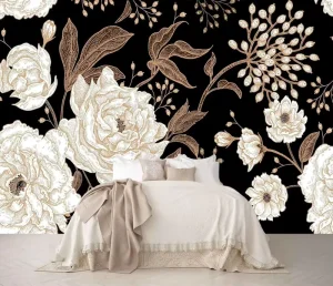 Wall Mural Peonies Roses Floral Vintage Wallpaper Seamless Gold White Flowers Wall Coverings for Living Room Bedroom Kids Room